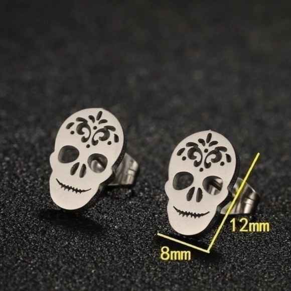*NEW* 18K Gold Plated Stainless Steel Sugar Skull Earrings (GOLD) - Picture 2 of 4